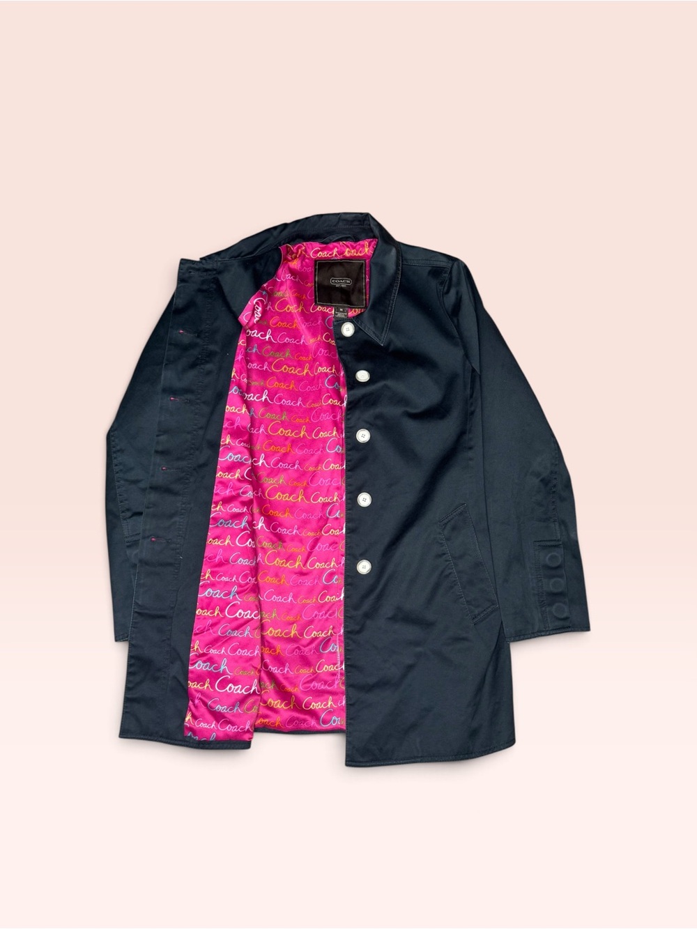 Coach Vintage Black Sateen Walking Trench Coat Pink Graffiti Script Lining - Picture 2 of 7